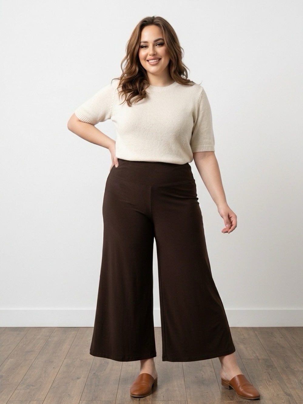 Wide-Leg Chocolate Brown Knit Pull-On Palazzo Pants Size 16